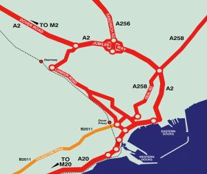 Schematic map of East Kent showing road and rail links to the town and port of Dover. Courtesy of A Friend