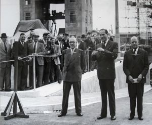 Opening of the Eastern Docks 30 June 1953. The photograph shows the Minster of Transport - Rt. Hon. Alan T Lennox-Boyd, Chairman of Dover Harbour Board - H T Hawksfield and the Register/General Manager of Dover Harbour Board - Cecil Byford. Lambert Weston.
