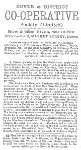 1887 Advert stating Dover & District Co-operative 1887 - Stores and Office River with a branch 3 Market Street.