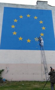 Brexit-themed mural by Banksy facing the Continental side of the A20 on the corner of York Street - Snargate Street. May 2017. Kent Messenger