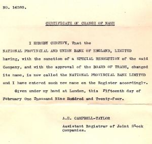 National Provincial & Union name change to National Provincial 1924