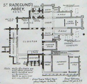 Artist impression of the possible lay out of St Radegund's Abbey in 1350 Artist impression of the possible lay out of St Radegund's Abbey in 1350