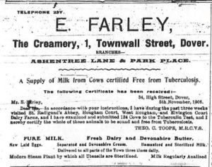 Edwin Farley dairy, 1 Townwall Street, obtained milk from St Radigund's (sic) Abbey Farm 1911 Edwin Farley dairy, 1 Townwall Street, obtained milk from St Radigund's (sic) Abbey Farm 1911