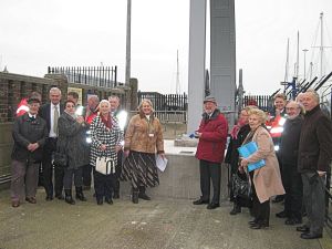 Fairbairn Crane - Cutting the ribbon ceremony following a makeover. 1 December 2014. This author in brown jacket wearing a dogtag. 