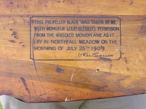 Original blade from the Blériot No XI plane authenticated by V Ker-Seymer, the Royal Aero Club official who was on site to verify the flight!
