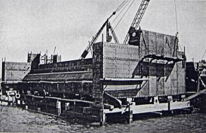 Train ferry dock steel pontoon being put in place c1934. Dover Library