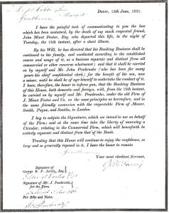Fector Bank, the announcement of the death of John Minet Fector dated 15 June 1821 Fector Bank, the announcement of the death of John Minet Fector dated 15 June 1821