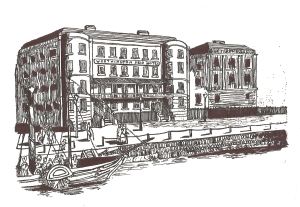 Ship Hotel on Custom House Quay circa 1834 from an etching by Lynn Candace Sencicle