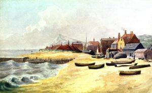 Archcliffe Beach - Pier Houses by Samuel Mackie 1842. Dover Museum