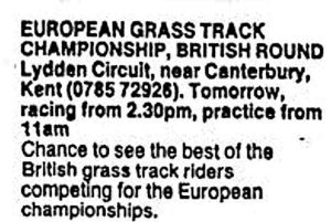 Advert for the European Grass Track Championship at Lydden 1984 Advert for the European Grass Track Championship at Lydden 1984