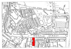 Map of Castle Street c1900 - location of Hills coachworks hilighted in red
