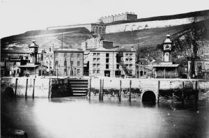 Clock Tower (right) and Compass Tower (left) on Crosswall of the Bason c1870. Dover Museum