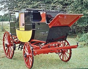 Mid 19th century top quality coach similar to those produced by Hills and restored by Tony Newton with the upholstery by Nick Woods of Fairbourne Carriages. Courtesy of Tony Newton