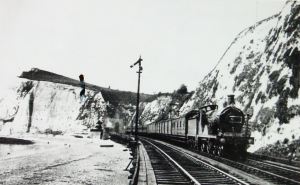 South Eastern Railway line on trestles along Shakespeare Beach. Dover Library