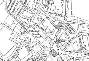 Map showing location of St Martin's Churchyard Dover 1844