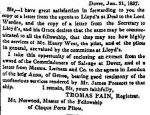 Report of a Lloyds agent commending pilots Henry West and James Prescott 21 January 1837
