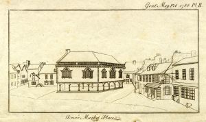 Court/Council Hall Market Square, ruins of St Martin-le-Grand can be seen behind the building on the right, 1788. Dover Museum