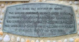 Plaque on the outside wall of NatWest bank, Market Square, dedicated to St Martin-le-Grand. Alan Sencicle