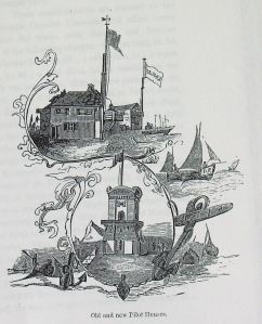 The ornate Pilots Tower that opened 1848 drawing shows old Pilots station that was on Cheeseman's Head. Thanks to Evelyn Robinson