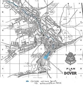 1948 map of Dover showing the present course of the River Dour to Wellington Dock