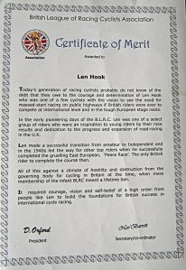 British League of Racing Cyclists Association Certificate of Merit awarded to Len Hook. Thanks to Betty Hook