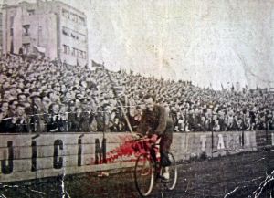 Len Hook at the finish of the 1950 Peace Race, Prague. Thanks to Betty Hook