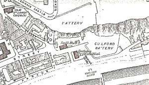 Mote Bulwark is given as Battery on this 1890 map to the north west of Guilford Battery overlooking Marine Parade. The Seaplane Base included the lower part of these sites and crossed Marine Parade to the sea.