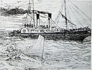 Captain Paul Boyton floating in his rubber suit with the media vessel behind May 1875. LS