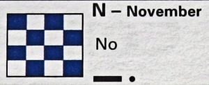 Code Flag N - with general interpretation - but also used in the olden days to indicate that the beleagured person was to the left of the ships boat sent out to rescue them.