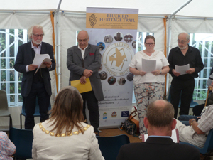 Presentation of the story of the Crabble Tram Accident by the Dover Tales from left to right Ray Newsam, Barry O’Brien, Stephanie Precious and Chris Precious. Watching, the Chairman of Dover District Council, Councillor Sue Chandler. A Sencicle.