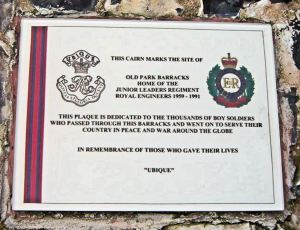 Junior Leaders memorial plaque on the Cairn made by them and dedicated to all those who passed through Old Park Barracks. Thanks to Roger Gray