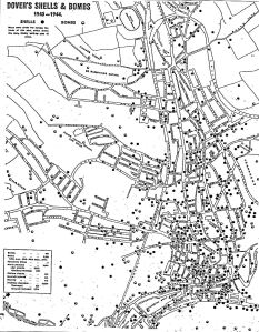 Map of Dover showing World War II bombing and shell damage