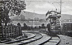 Postcard of the River tram with Crabble Athletic Ground in background