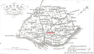 Whitfield underlined in red on the map of East Kent showing turnpikes and large Estates 1828