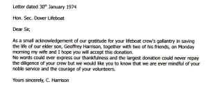 Letter from one of the parents of the crew of the Fancy of Falmouth that foundered in Langdon Bay on the night of 27-28 January 1974