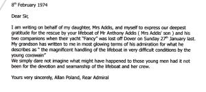 Letter from one the grandparent's of the crew of the Fancy of Falmouth that foundered in Langdon Bay on the night of 27- 8 January 1974