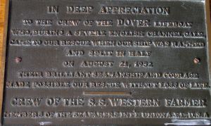 Plaque from the the crew of Western Farmer, rescued 21.08.1952. RNLI-Dover
