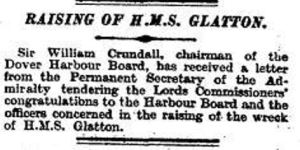 Congratulations on the lifting of the Glatton from the Permanent Secretary of the Admiralty. Times 08.04.1926