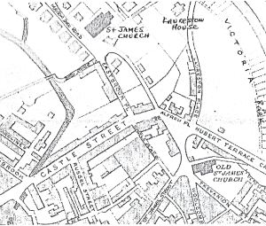1890 Map showing location of Dieu Stone Lane, Eastbrook Place and Castle Place. LS