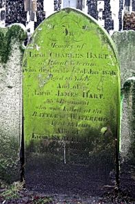 Gravestone of Lt. James Hart age 23years killed at the Battle of Waterloo. St Mary's Church graveyard. LS 2011