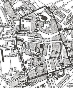 Rev Puckle's map of what he believed to be Roman Dover surrounded by a wall with gates which he named from ancient documents. 1893