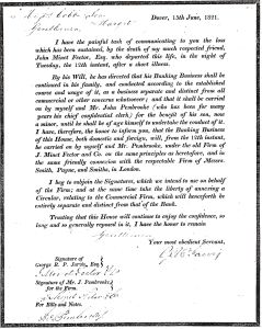 Letter from Fector Bank signed by George Jarvis announcing the death of John Minet Fector dated 15 June 1821