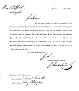 Letter sent by the trustees of the Fector Bank to customers on the retirement of George Jarvis and replaced by Henry Bruyeres May 1827