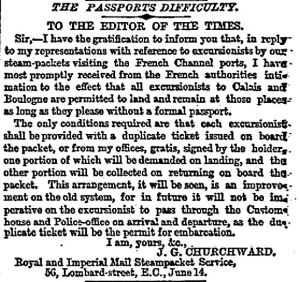 Verification from the French regarding passports from Joseph Churchward 15.06.1858