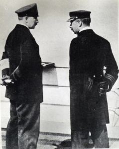 Dover Harbour Master, Captain John Iron (right) talking to Kaiser Wilhelm II on the König Albert 15.12.1903. David Iron Collection