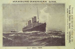 Deutschland souvenir postcard of her first arrival at Dover on 22 July 1904. David Iron Collection