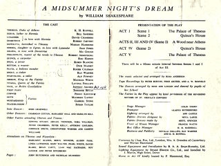 TH. Kearsney Abbey Midsummer Night's Dream 1962 programme listing Jeffry Archer as Puck. Penny Kenton-Russ