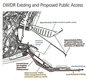  Stylized map showing the significantly wider Prince of Wales Pier with marina, two jetties and a shipping berth on the east side and a second berth alongside the reclaimed Hoverport. Existing public access in black new in colour. DHB 2015