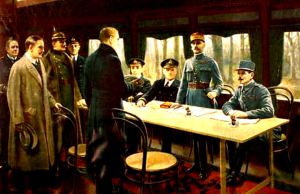 Signing of the Armistice Treaty to end World War I - November 11 1918. Wikimedia Commons