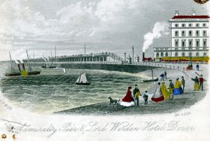 Admiralty Pier with a London, Chatham and Dover Railway Company train and packet ship in the Bay. South Eastern Railway's Lord Warden Hotel is on the right. Dover Museum